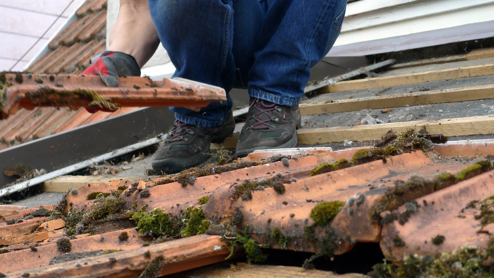 Artisan couvreur en intervention pour remplacer des tuiles